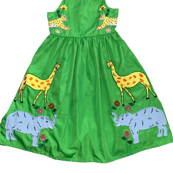Girls Safari Zoo Animal Embroidered Appliqué Tie Strap Green Vacation Dress - Picture 3 of 6